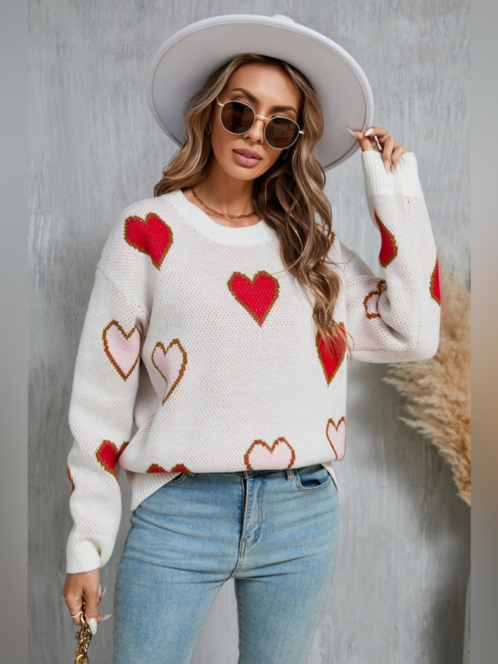 Angel Wings Contrast Heart Round Neck Long Sleeve Sweater